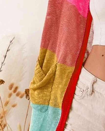 Color Block Open Front Cardigan with Pockets