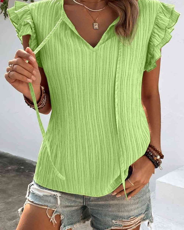 Textured Tie Neck Butterfly Sleeve Blouse