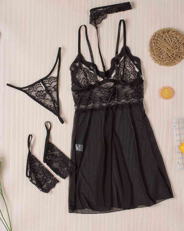 Spaghetti Strap Mesh Lace Babydoll Set