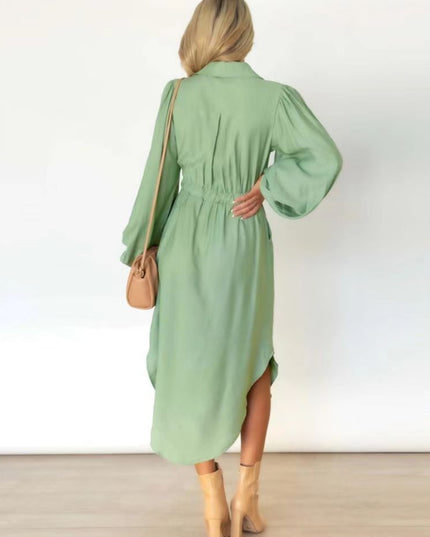 Drawstring Button Up Balloon Sleeve Dress