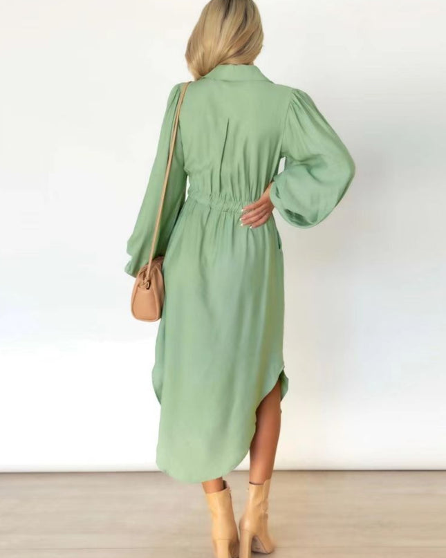 Drawstring Button Up Balloon Sleeve Dress