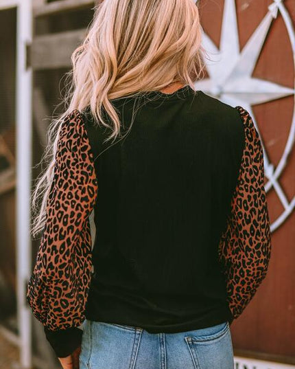 Leopard Print Long Sleeve Ribbed Knit Blouse