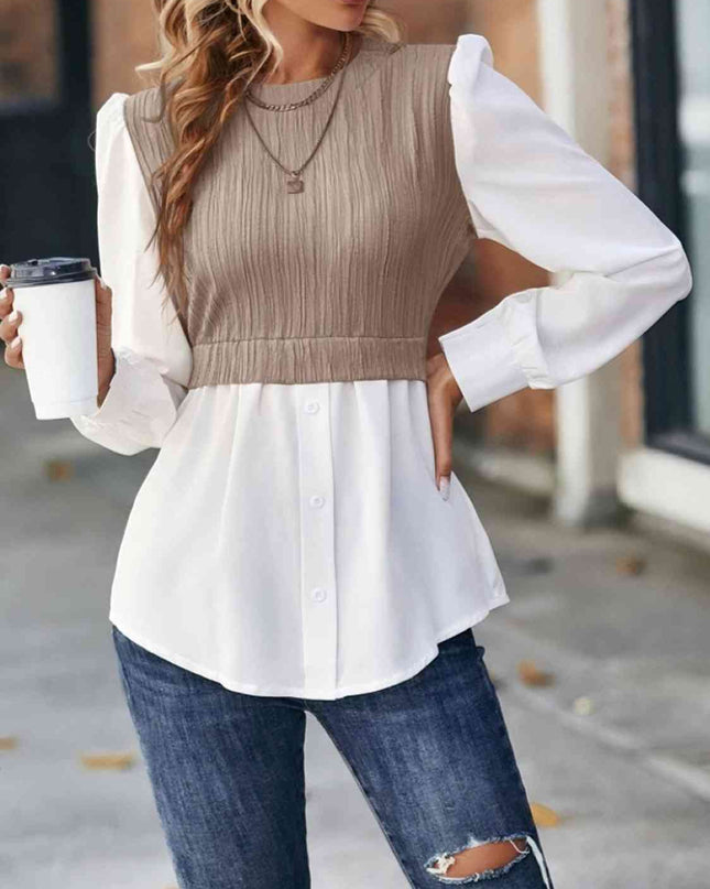 Contrast Round Neck Puff Sleeve Blouse