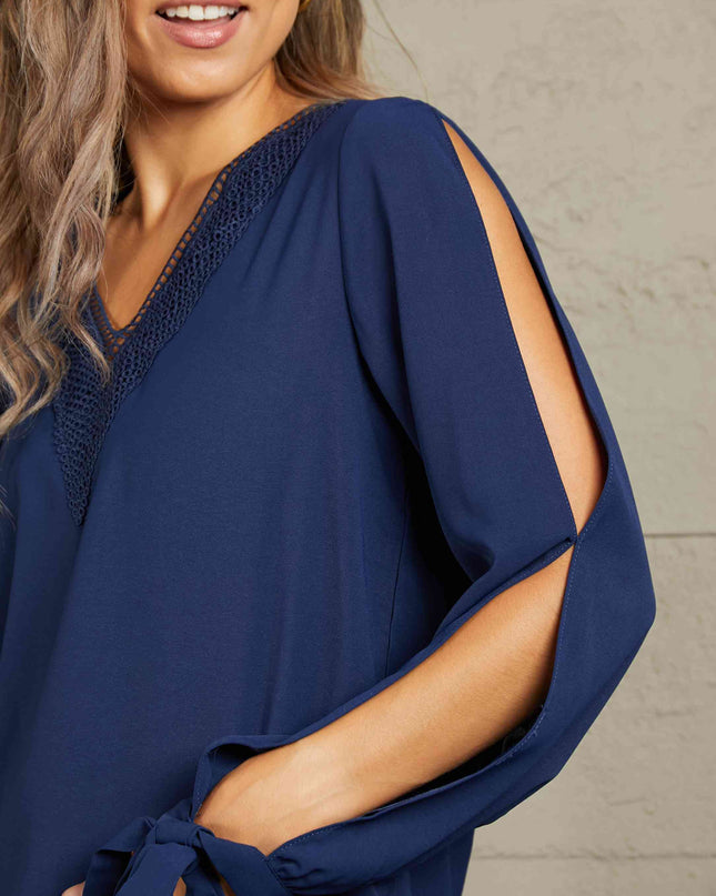 Double Take V-Neck Tie Cuff Slit Blouse