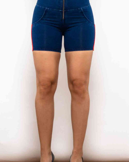 Full Size Side Stripe Zip Closure Denim Shorts