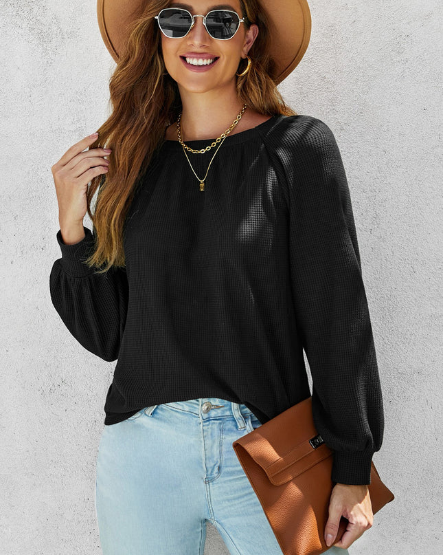 Waffle-Knit Long Raglan Sleeve Top