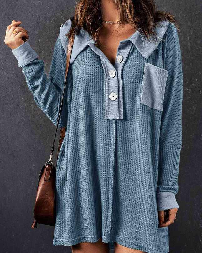 Waffle Knit Buttoned Long Sleeve Top with Breast Pocket