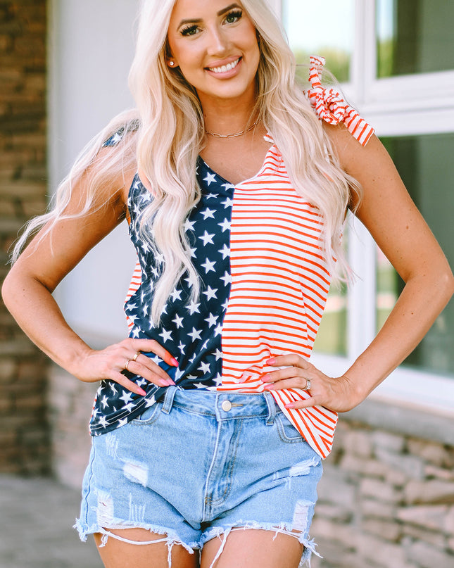 Star and Stripe V-Neck Bow Detail Tank