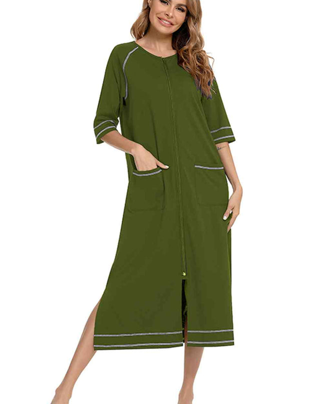 Zip Up Slit Round Neck Night Dress with Pockets