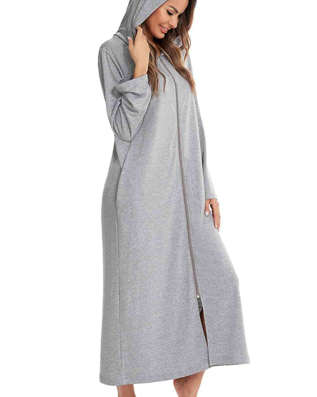 Zip Front Hooded Night Dress with Pockets