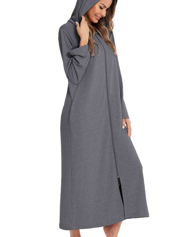 Zip Front Hooded Night Dress with Pockets