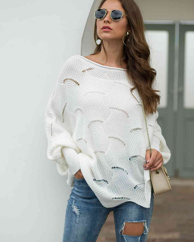 Full Size Boat Neck Lantern Sleeve Openwork Knit Top