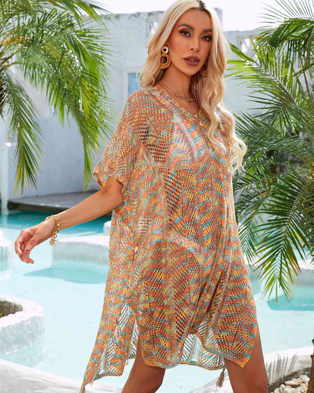 Multicolored Openwork Tassel Slit Cover-Up