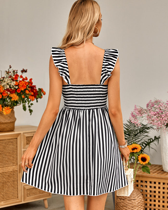 Striped Smocked Ruffle-Shoulder Sleeveless Dress