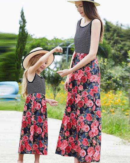 Women Striped Floral Spliced Dress