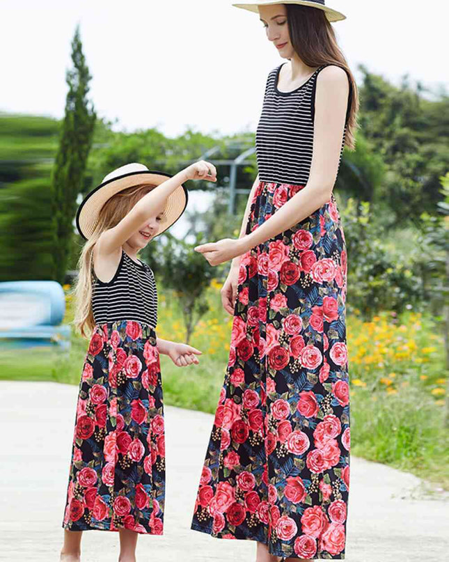 Women Striped Floral Spliced Dress