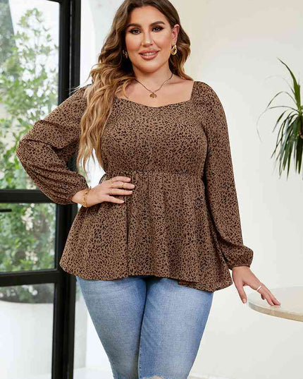 Plus Size Leopard Square Neck Long Sleeve Blouse