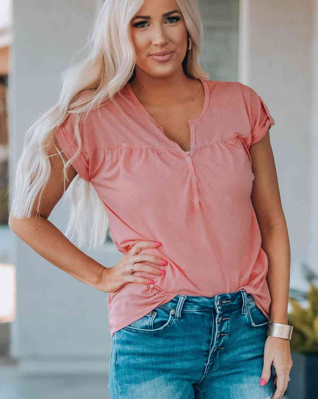 Women Buttoned Roll-Tab Sleeve Tee Shirt