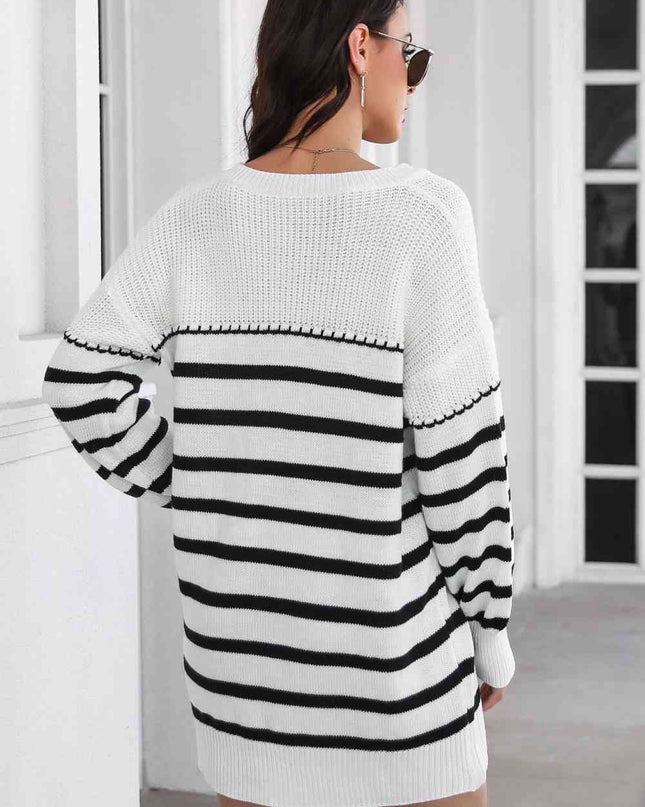 Striped V-Neck Drop Shulder Sweater Dress