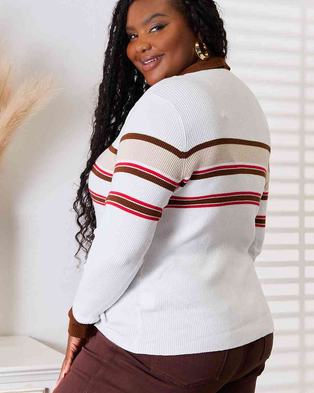 Basic Bae Striped Collared Neck Rib-Knit Top