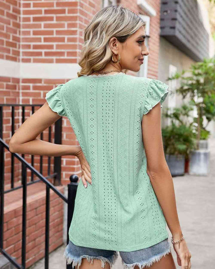 Eyelet Flutter Sleeve Scalloped V-Neck Top