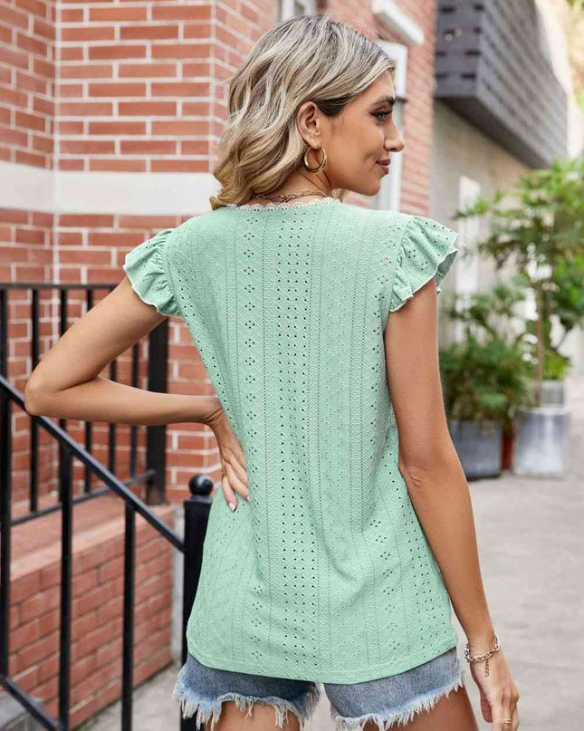 Eyelet Flutter Sleeve Scalloped V-Neck Top