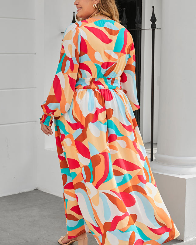 Plus Size Printed Lantern Sleeves V-Neck Dress