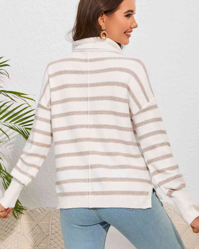 Double Take Cowl Neck Drawstring Dropped Shoulder Striped Print Blouse