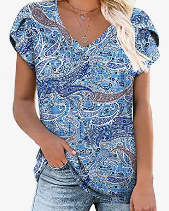 Printed Petal Sleeve V-Neck Blouse