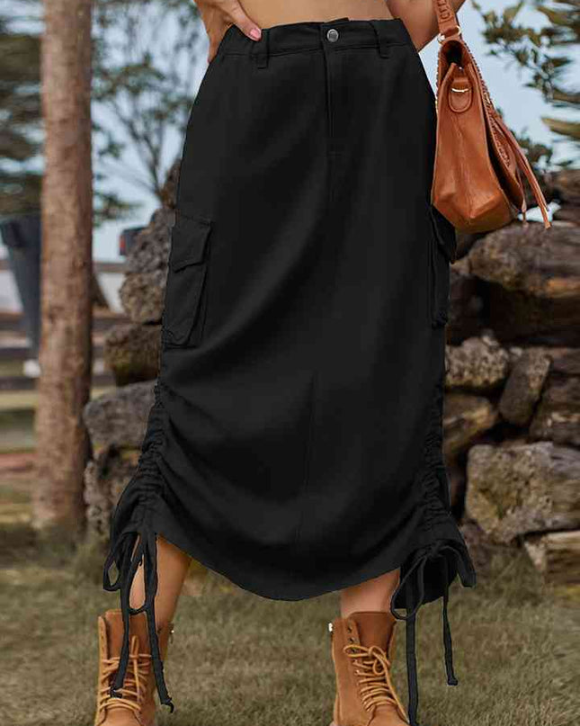Drawstring Denim Skirt with Pockets