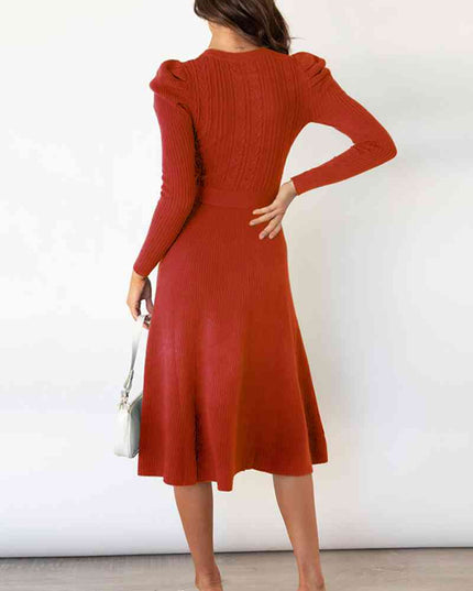 Round Neck Long Sleeve Tie Waist Sweater Dress