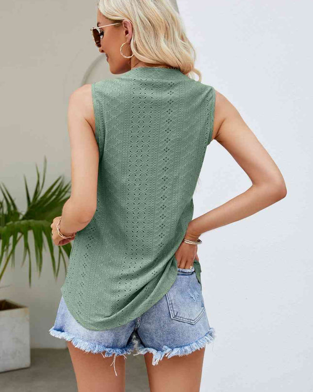 Notched Neck Curved Hem Eyelet Tank