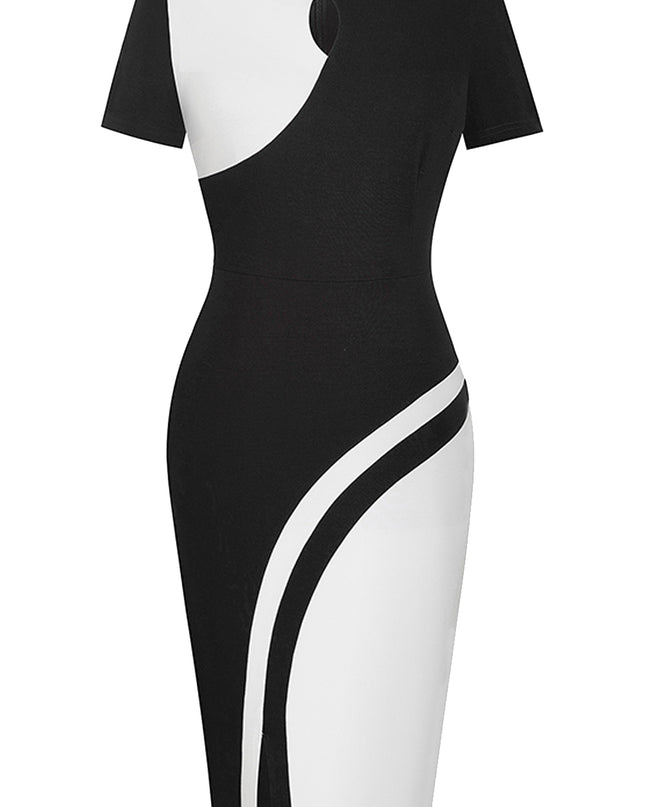 Two-Tone Round Neck Short Sleeve Slit Dress