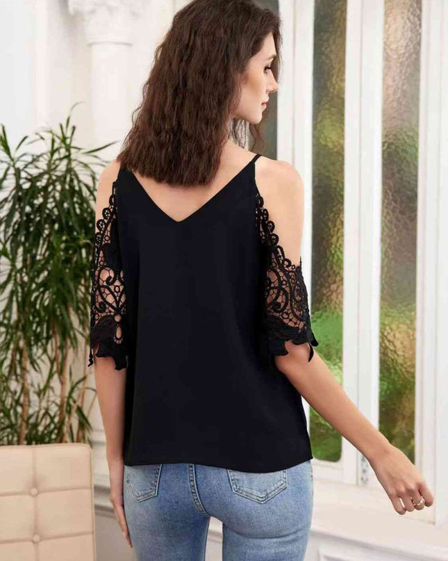 Cold-Shoulder V-Neck Spliced Lace Blouse