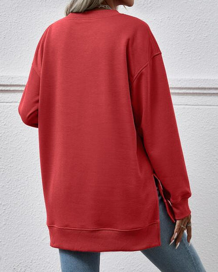 V-Neck Slit Long Sleeve Sweatshirt