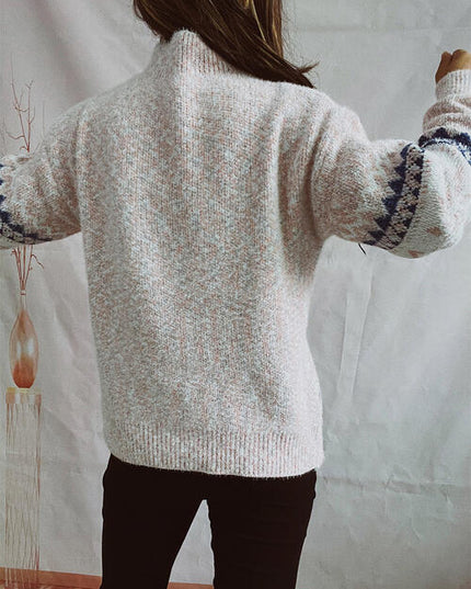 Geometric Mock Neck Dropped Shoulder Sweater
