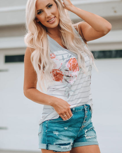 Mixed Print Buttoned V-Neck Tank