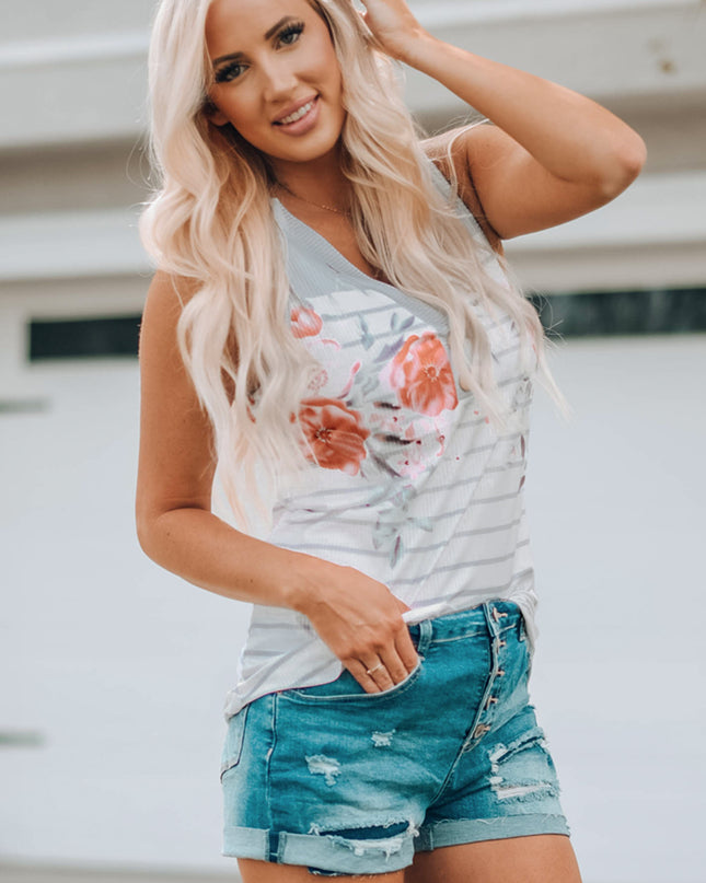 Mixed Print Buttoned V-Neck Tank