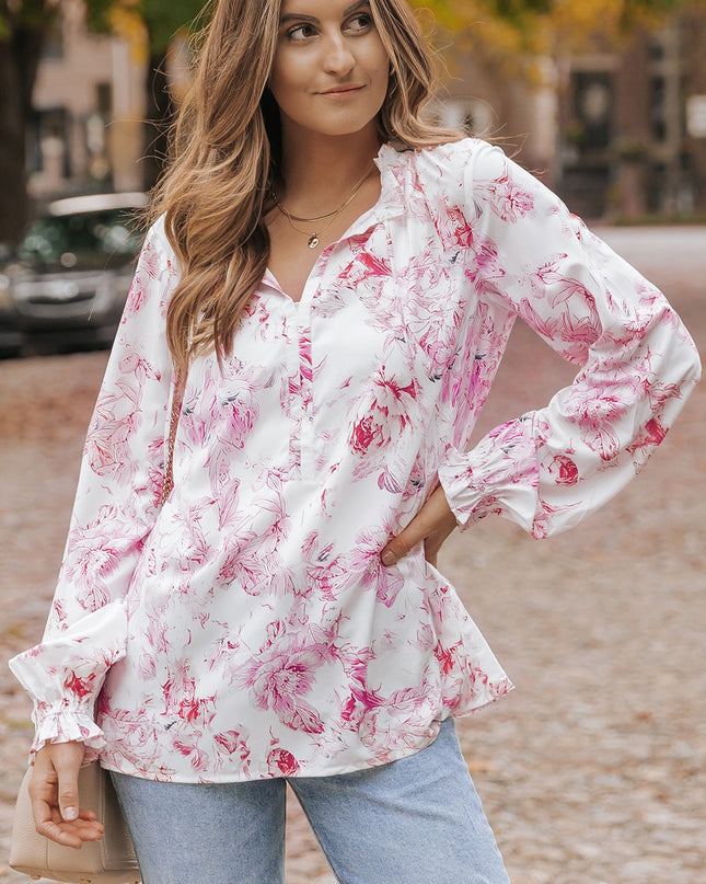 Floral Tie Neck Flounce Sleeve Blouse