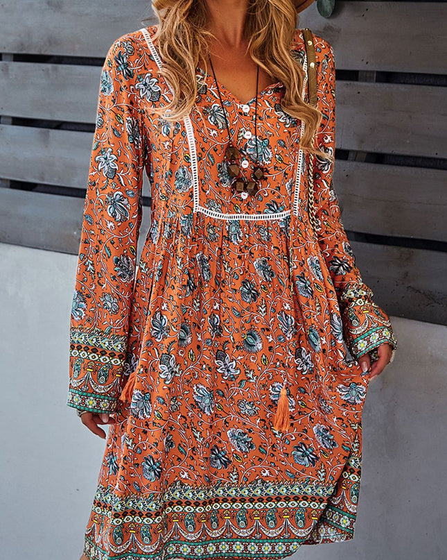 Bohemian Print V-Neck Knee Length Dress