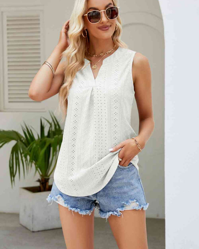 Notched Neck Curved Hem Eyelet Tank