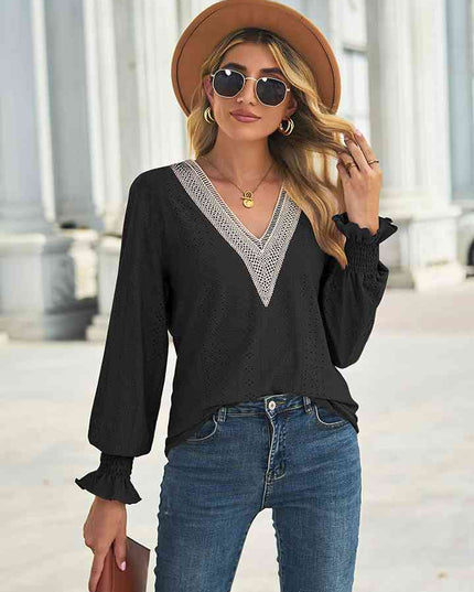 V-Neck Eyelet Flounce Sleeve Blouse
