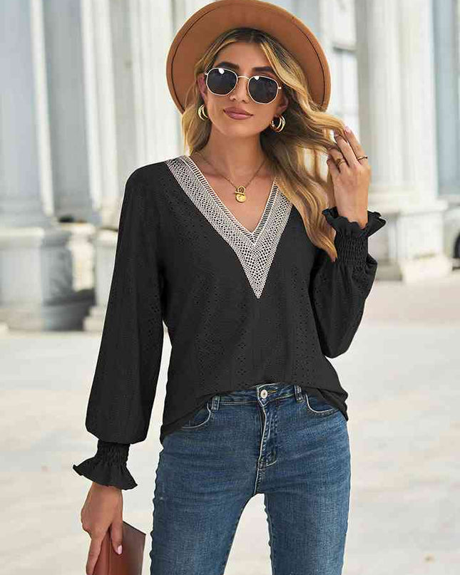 V-Neck Eyelet Flounce Sleeve Blouse