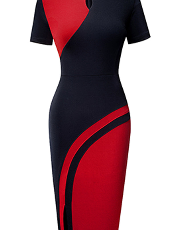 Two-Tone Round Neck Short Sleeve Slit Dress