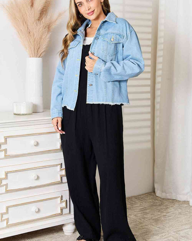 Double Take Dropped Shoulder Raw Hem Denim Jacket
