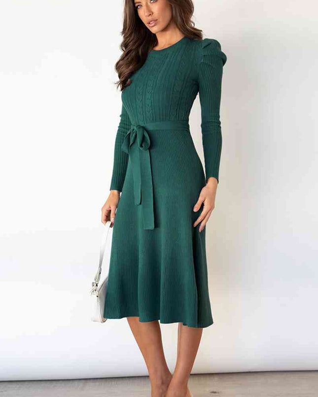 Round Neck Long Sleeve Tie Waist Sweater Dress