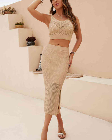 Openwork Cropped Tank and Split Skirt Set