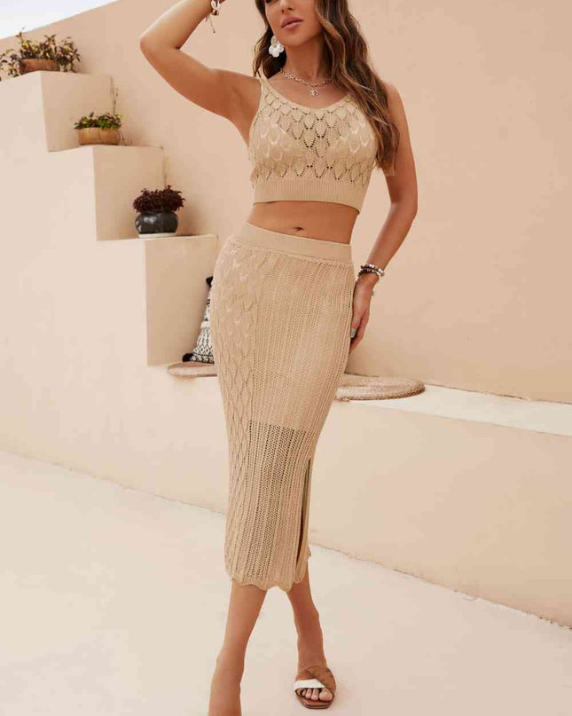 Openwork Cropped Tank and Split Skirt Set