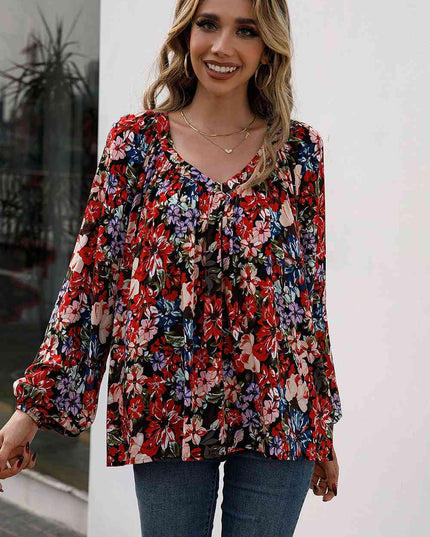 Floral Print Balloon Sleeve Ruched Blouse