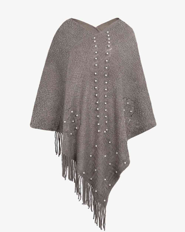 Pearl Trim Fringe Hem Poncho